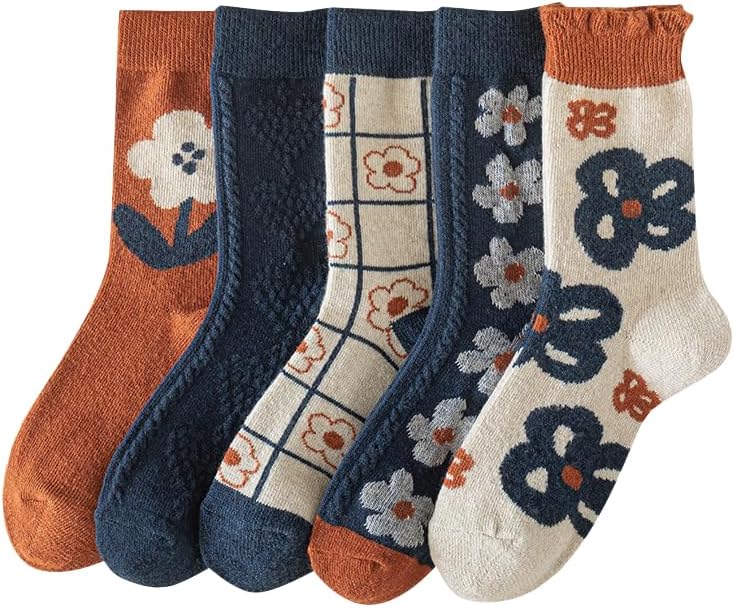 FORJMMP 5/10 Pairs Wool Socks for Women Thick Knit Vintage Cute Floral Crew Socks - Image 1